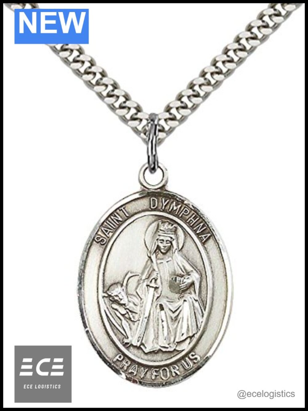 Sterling Silver St Dymphna Pendant Necklace 24" Stainless Steel Curb Chain